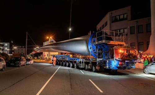 Transport of a 68 metre long, 22 tonne blade of a wind turbine, here in Schwelm, with a
