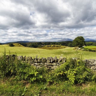 View over typical stone wall to hilly landscape near Betws-y-Coed in Merionethshire, North Wales,