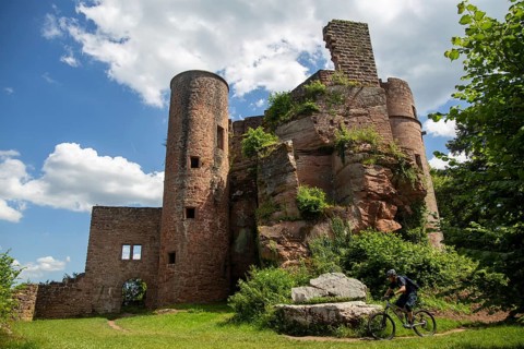 Mountain bikers at Neudahn Castle in the Palatinate Forest