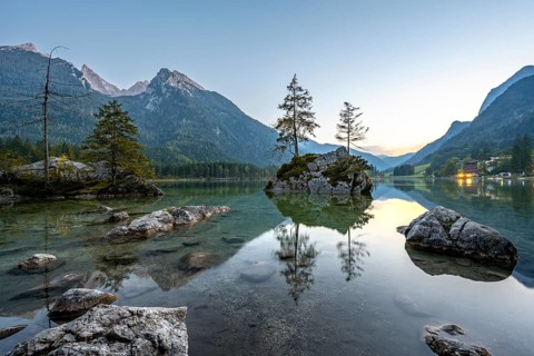 Hochkalter reflected in Hintersee, at sunset, Berchtesgaden National Park, Ramsau, Upper Bavaria,
