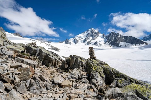 High alpine mountain landscape, Glacier du Tour, glacier and mountain peak, summit of the Aiguille