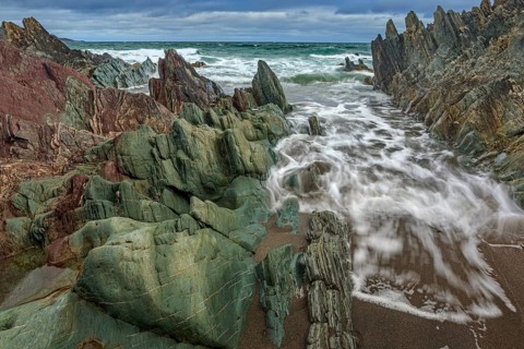 Colourful rocks, rock, coast, sea, waves, cloudy, Varanger Peninsula, Norway, Europe