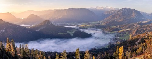 Panoramic photo. View from Mount Loser to Lake Altaussee, Altaussee, Bad Aussee, Tressenstein,