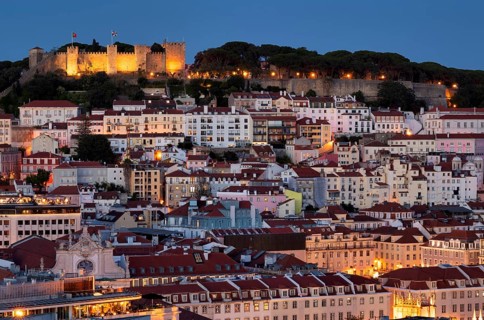 View from the viewpoint Miradouro de São Pedro de Alcântara to Castelo de São Jorge, city view,