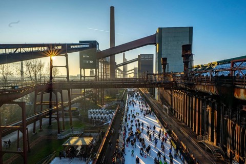Ice rink at the Zollverein coking plant, Zollverein World Heritage Site, Essen, Germany, Europe