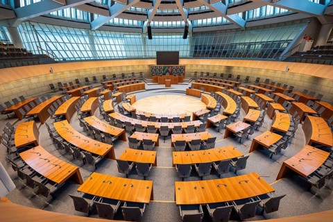The empty plenary chamber of the North Rhine-Westphalia state parliament in Düsseldorf, North