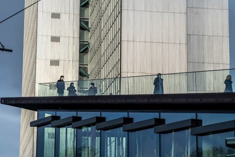 Accessible roof of the car park entrance at the Dreischeibenhaus, on Gustav-Gründgens-Platz,