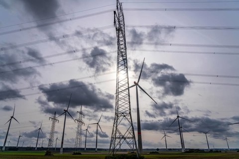 Wind farm, power line, high-voltage pylons, east of Bad Wünnenberg, OWL, North Rhine-Westphalia,