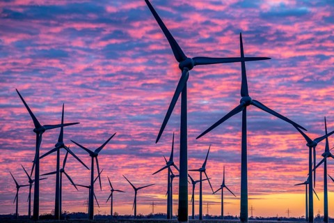 Wind farm near the East Frisian town of Norden, east of the town, sunset, Lower Saxony, Germany,