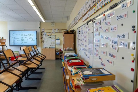 Classroom of a fourth grade, after school, the building is older but in good condition, modern