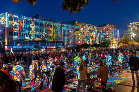 Essen Light Festival, in the city centre, light art on Kennedyplatz, the Berlin artist Daniel