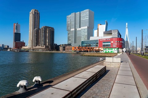 The skyline of Rotterdam, at the Nieuwe Maas, river, skyscrapers at the Kop van Zuid district,