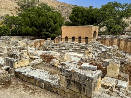 View of ruins of historic Roman amphitheatre from antiquity in excavation site remains of ancient