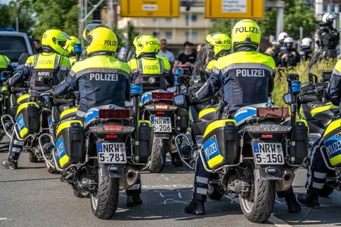 Police officers, police motorbikes, in action at the demonstration against the AFD party conference