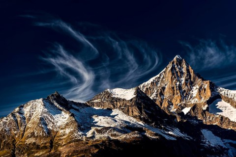 The Bietschhorn near Visperterminen, Swiss Alps, mountain, church, church tower, village, mountain