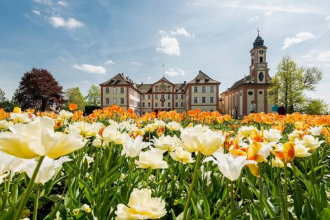 Mainau Castle and St Mary's Castle Church, Mainau Island, Lake Constance, Baden-Württemberg,