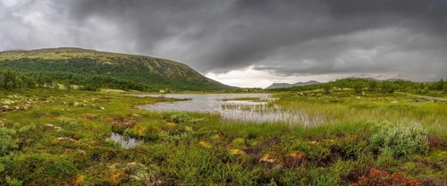 Rain clouds over a small lake near Börsjöhögruva, Panorama, landscape, Fjell, mountains, landscape