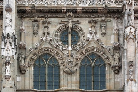 Detailed view of the main façade, 1385-1415, of the Gothic Regensburg Cathedral, St Peter's, start