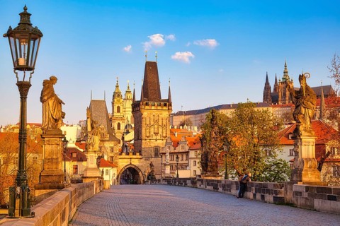 Lesser Town Bridge Tower in the early morning, Charles Bridge in Prague, Czech Republic, Europe