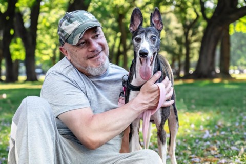 Close-up of a mature bald man smiles while sitting with his greyhound in the park