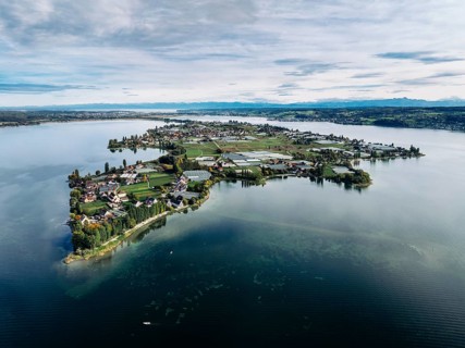 Aerial view of the north-western tip of the island of Reichenau in Lake Constance, with the
