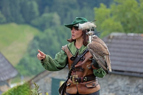 Female falconer at Hohenwerfen Castle, Salzburger Land, Austria, Europe