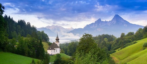 Maria Gern pilgrimage church, view of the Watzmann, in front of sunrise, Berchtesgarden Alps,