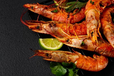 Langoustines, Australian, freshly frozen on ice, top view, lime and greens