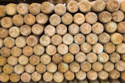 Wooden fence posts piled up in a builder's merchant yard, UK