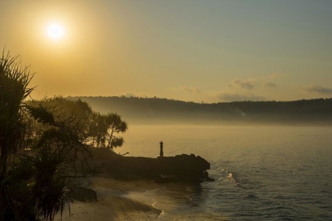 Bay of Nusa Lembongan in the morning, haze, morning mist, beach, bay, sea bay, coastal landscape,