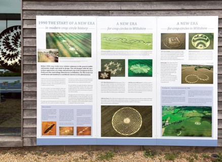 Information board panel about crop circles at the Barge Inn, Honeystreet, Wiltshire, England, UK