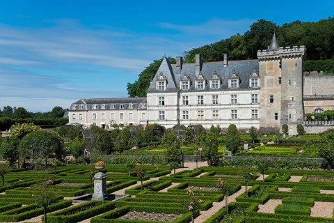 Historic castle with manicured garden, hedges and architectural elements, Villandry Castle,