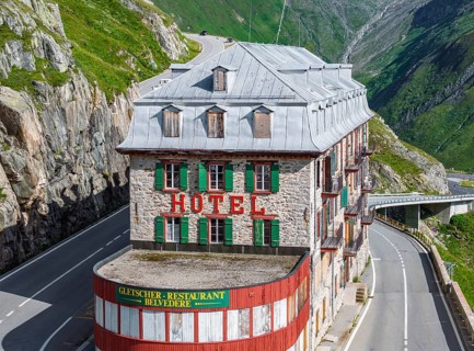 Hotel Belvédère on the Furka, the most famous pass hotel in the world. The building is closed and