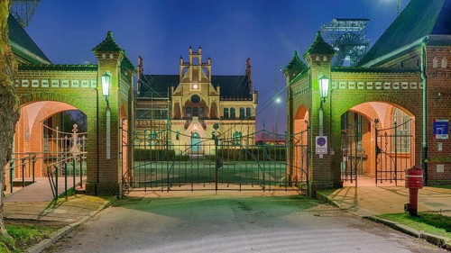 Zollern colliery entrance area illuminated Dortmund Germany