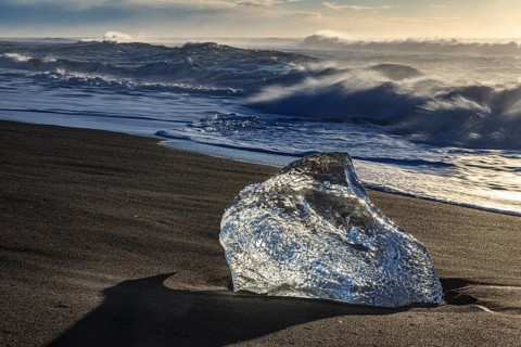 Ice floe on the beach, waves, sunny, morning mood, winter, Diamond Beach, Breidamerkursandur,