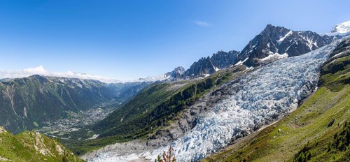 Panorama, mountain landscape with glacier Glacier des Bossons and summit of the Aiguille du Midi,