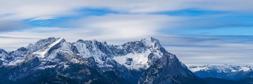 Panorama of the Wetterstein mountains with Alpspitze 2628m and Zugspitze 2962m, Werdenfelser Land,