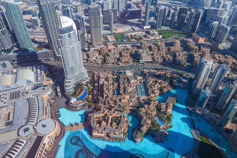 UAE, Dubai panoramic skyline view from Burj Khalifa of city downtown and Dubai Mall