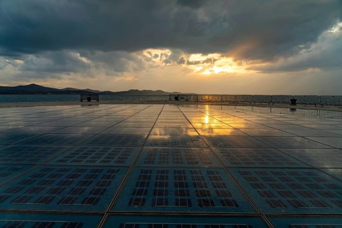 Artwork and solar installation Greeting to the sun at sunset, Zadar, Croatia, Europe