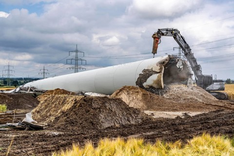 Demolished tower of a 20 year old wind turbine, in the Werl wind farm, 5 old Enercon E-66 turbines