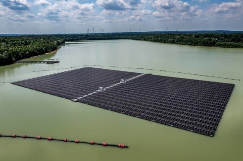 Germany's largest floating solar power plant on the Silbersee III, a quarry pond no longer used for