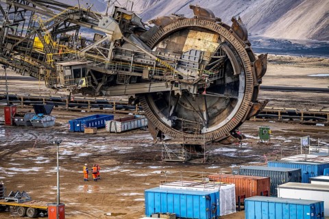 Garzweiler opencast lignite mine, bucket wheel excavator undergoing maintenance and repair, near