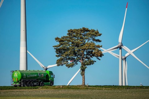 Wind farm near Lichtenau, wind turbines, country road, Driburger Straße, cattle feed transporter,