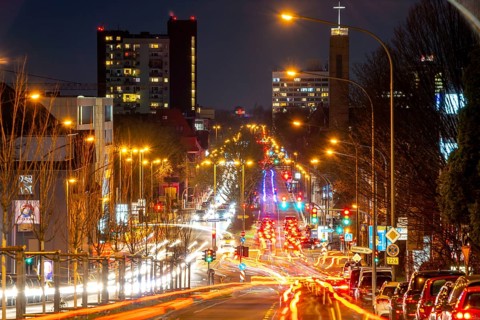 Evening city centre traffic, rush hour, Alfredstraße, B224, in Essen, Germany, Europe
