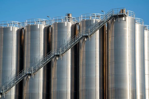 Stainless steel tanks of a large silo facility in Duisburg inland harbour, Duisburg-Neuenkamp, for