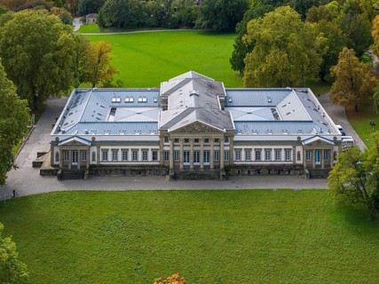 Rosenstein Castle with Natural History Museum, drone photo of Rosenstein Park. Stuttgart,