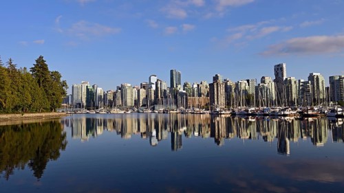 Vancouver skyline with Coal Harbour, photographed from Stanley Park, Vancouver, Canada, North