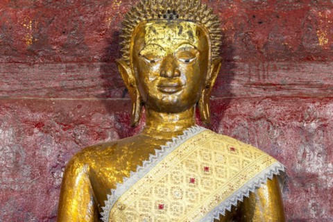 Golden Buddha statue, Bhumispara-mudra, Buddha Gautama at the moment of enlightenment, Wat Long