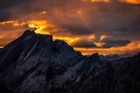 Montafon mountains with dramatic cloudy sky at sunrise, Tschagguns, Rätikon, Montafon, Vorarlberg,