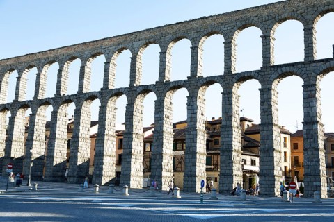 Roman aqueduct at the Plaza de Azoguejo, Segovia, province of Segovia, Castile and Leon, Spain,
